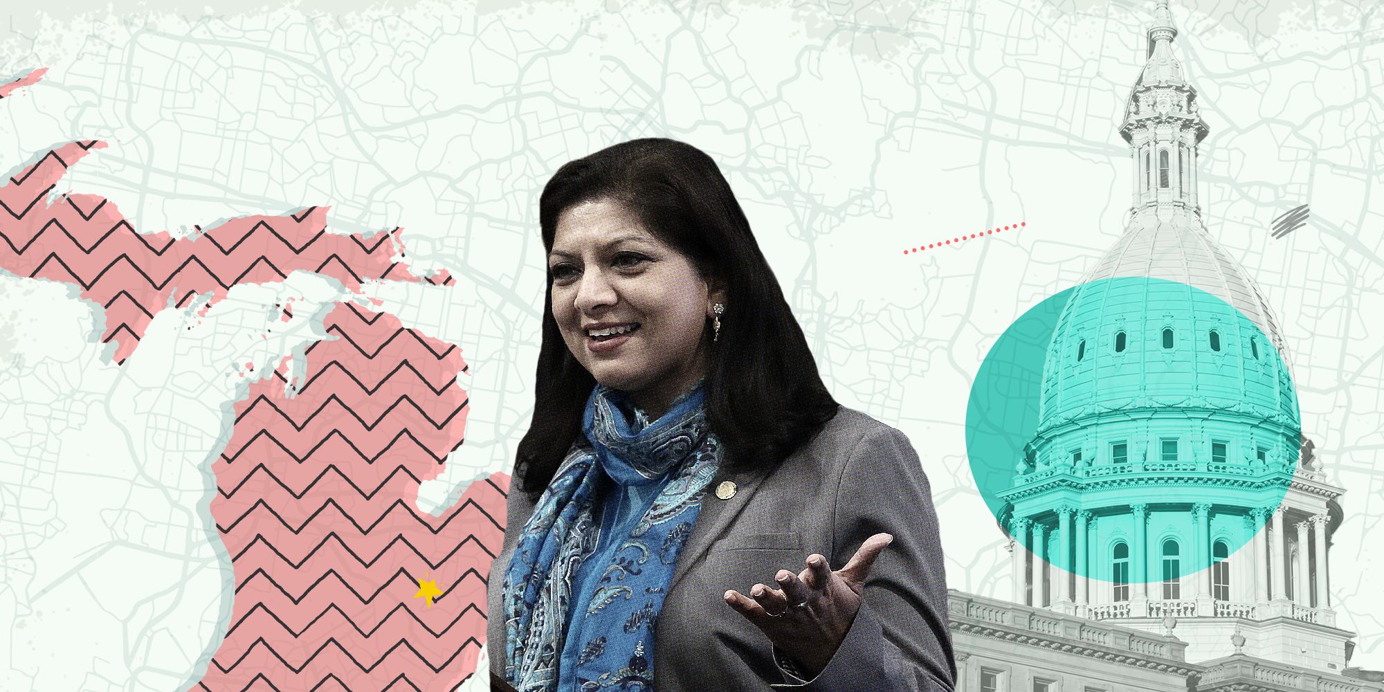 Michigan legislator Padma Kuppa; in background: Michigan state outline and Michigan state capitol dome