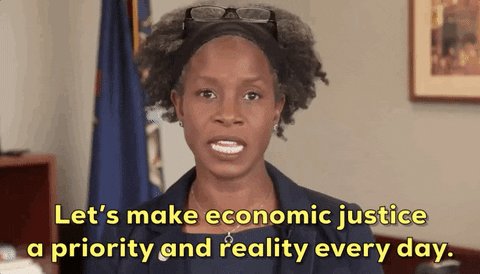 Sen. Erika Geiss GIF with subtitle "Let's make economic justice a priority and reality every day."