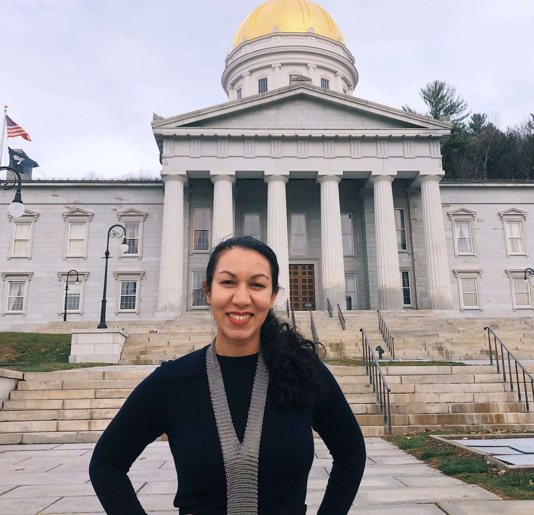 Vermont State Senator Ram in front of Vermont state legislature